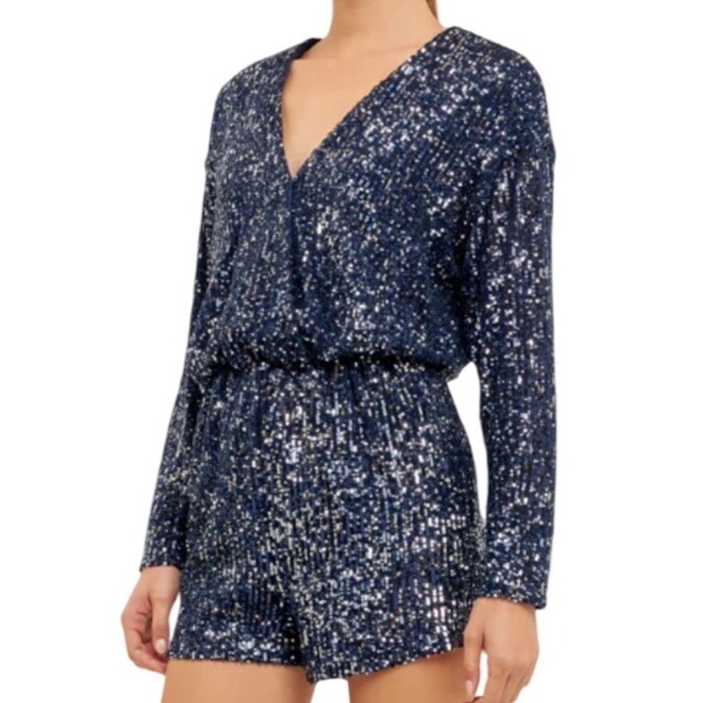 NWT Endless‎ Rose Womens Front Wrap Sequins Romper Blue Long Sleeve Size Medium